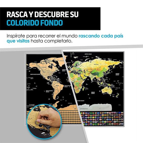 Mapa Mundial Para Rascar con Países y Ciudades del Mundo, Fondo de Colores, Póster Laminado 82x59