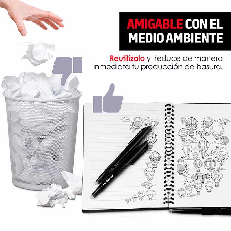 Cuaderno Inteligente Reutilizable de 50 Hojas, Borra con Agua y Calor, Incluye 3 Plumas, Mediano