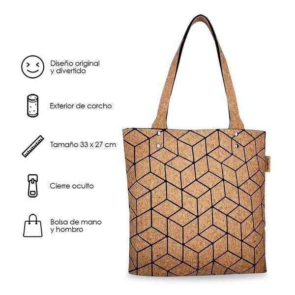 Bolsa para Mujer con Cubierta de Corcho y Diseño Geométrico, Resistente, Cierre Oculto, 33x33 cm