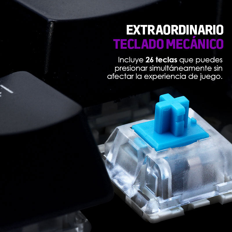 Teclado Gamer Mecánico USB con Iluminación LED RGB en 8 Colores, Modo WASD, QWERTY en español