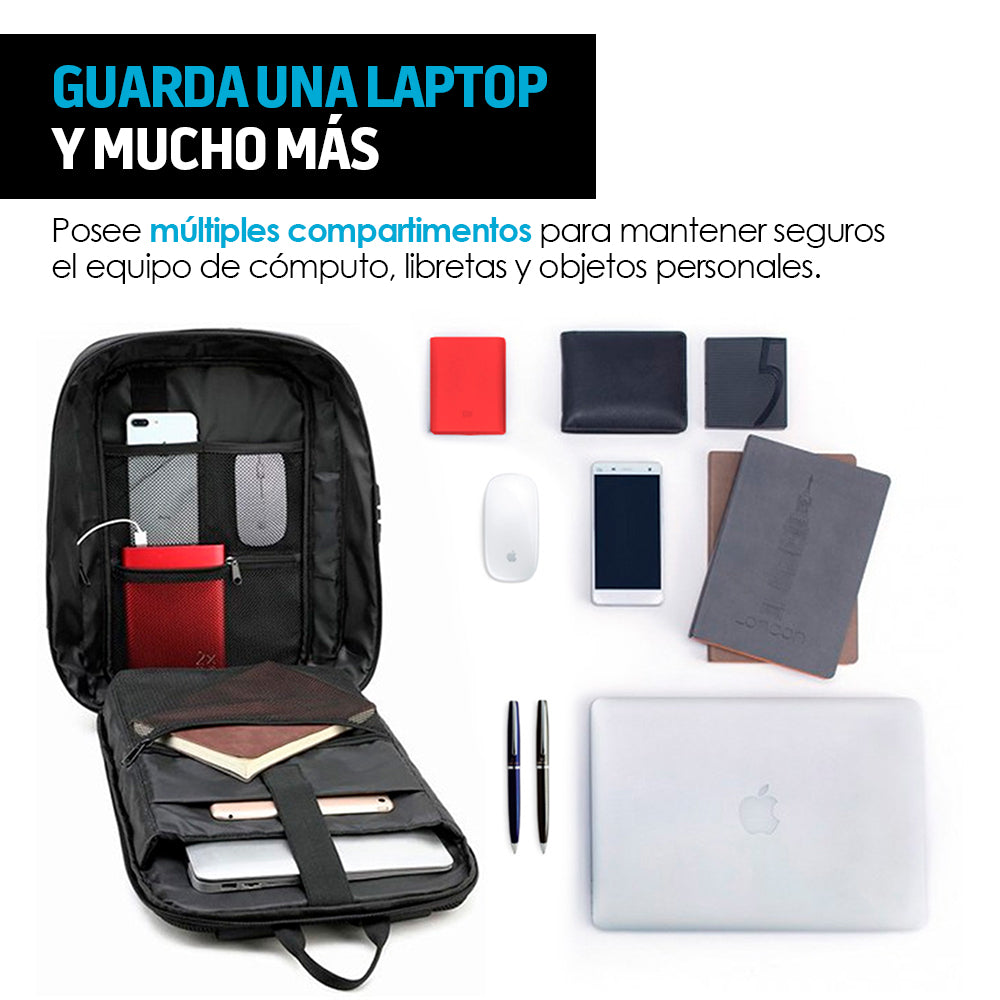 Mochila para Laptop Antirrobo Ejecutiva, con Candado y Puerto USB para Power Bank, Resistente Agua