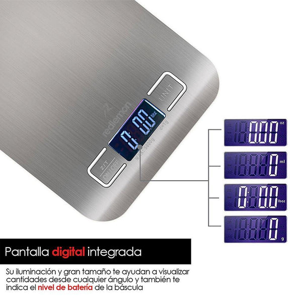 Báscula Digital Para Cocina de Acero Inoxidable, Pantalla LCD Retroiluminada, Hasta 5Kg Multifunción