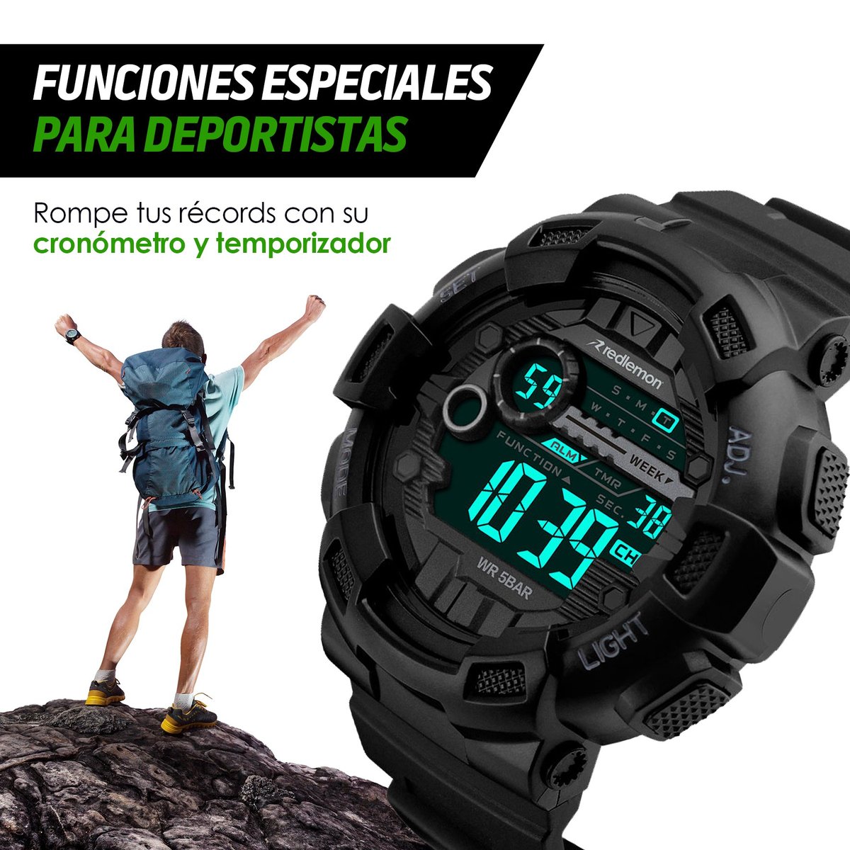 Reloj Deportivo, Resistente al Agua, Pantalla Digital Retroiluminada, Alarma, Cronómetro 1243